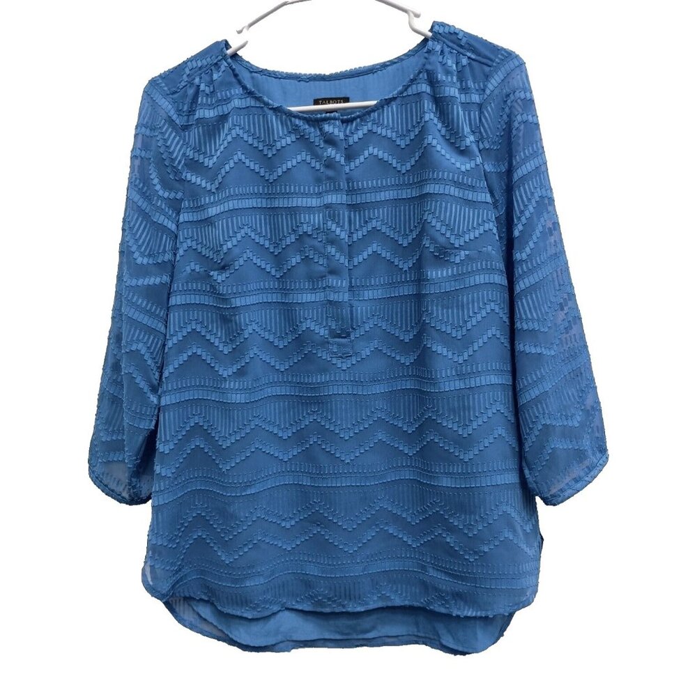 Talbots Womens Blouse Top Medium Petite Blue 3/4‎ Sleeve Textured BOHO Casual